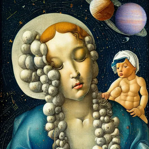 Prompt: astronomer surrounded by stars planets moons galaxies milky way, inspired by botticelli, bosch, durer, hyperdetailed, oil paint