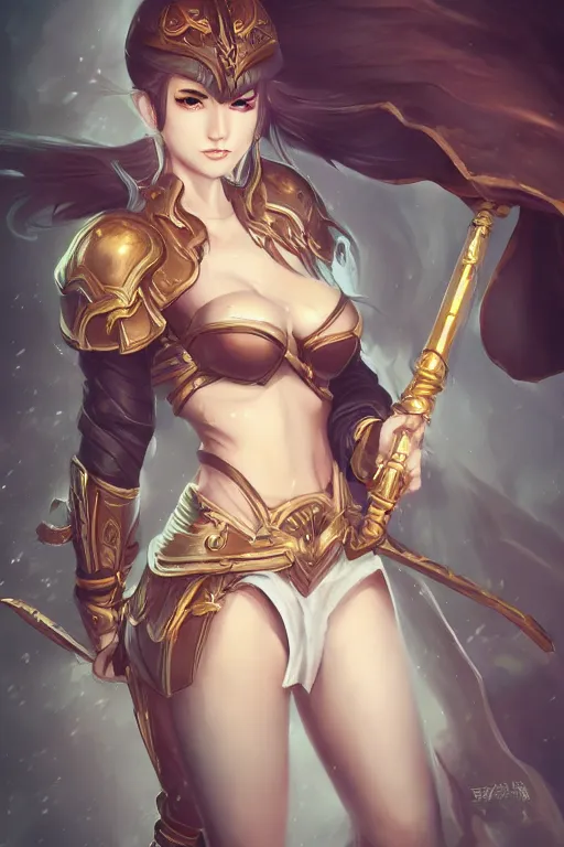 Prompt: female fantasy warrior in the style of Artgerm, WLOP, Rossdraws, trending on artstation, pixiv, Deviantart, HD, golden ratio, rule of thirds