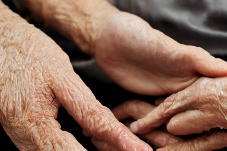 Prompt: close up shot of oily elderly hands