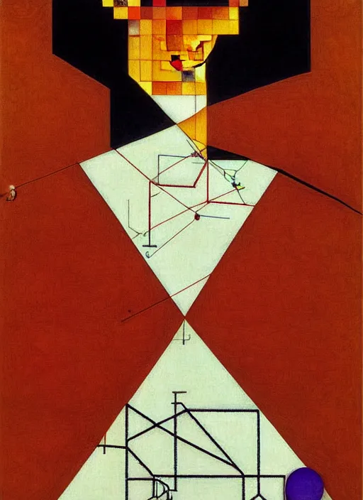 Image similar to creative coder with a computer in geometric harmony, by egon schiele and quint buchholz, portrait, colorful, escher, detail