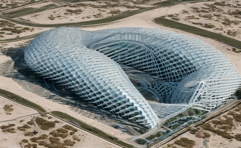 Image similar to parametric structure, medical complex, in the desert beside the gulf, view from above, design by oma, dezeen, architectural photography