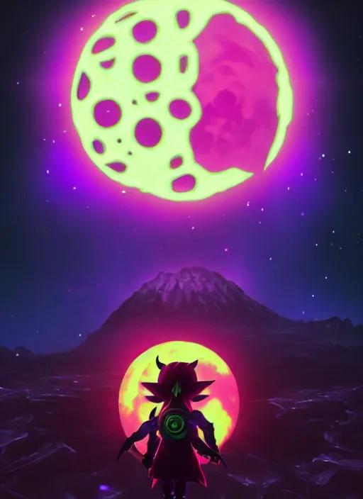 Prompt: majora\'s mask evil moon looking at link maniacally, night sky, starry night, legend of zelda, dramatic lighting, cinematic, film, dynamic pose,  movie scene, colorful, dark, concept, 8K, actor as role, octane render, visionary, artstation,neon lighting, intense shadows, legend of zelda link staring at the moon, insanely detailed octane render, 8k film photography, photorealistic,