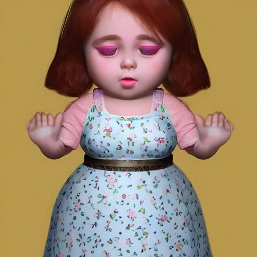 Image similar to the little fat girl is modelling to the camera. flowery dress. wire frame on mesh. 3 d zbrush model. beautiful hands and legs. subsurface scattering shiny skin. beautiful lighting, 4 k post - processing, trending in art station, cg society, highly detailed, 5 k extremely detailed, 3 d. cinematic scene. sharp image