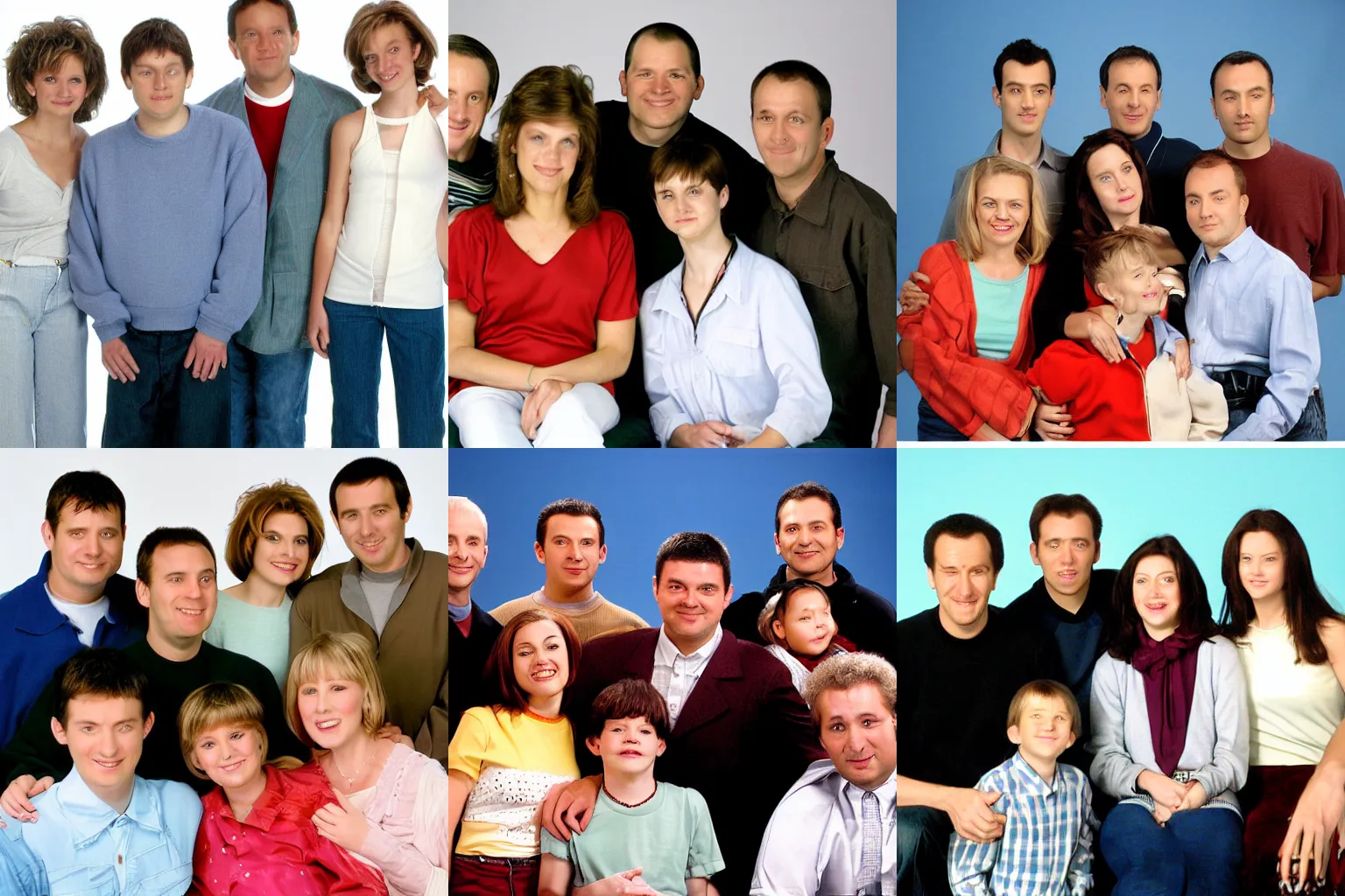 Prompt: 2004 sitcom family photo in Serbia, white studio background