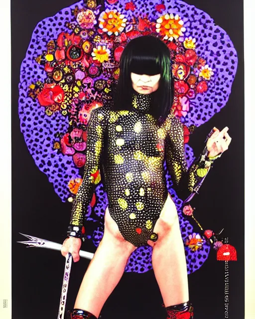 Image similar to portrait of a skinny punk goth yayoi kusama wearing armor by simon bisley, john blance, frank frazetta, fantasy, thief warrior, floral flowers colorful