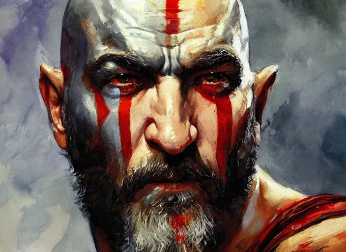 Image similar to a highly detailed beautiful portrait of robert deniro as kratos, by gregory manchess, james gurney, james jean