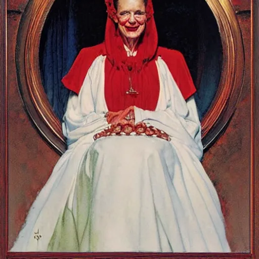 Prompt: a frontal portrait of a priestess, dressed in white and red, ( with a smile that hurts header face ), by donato giancola and norman rockwell.