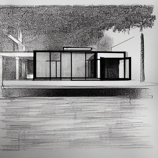 Image similar to architectural sketch of a cottage by the lake, modernist design, trending on artstation, award winning design