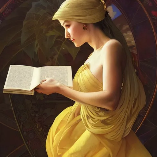 Image similar to a smiling beautiful woman wearing a yellow dress and reading a book, masterpiece, intricate, elegant, highly detailed, digital painting, artstation, concept art, smooth, sharp focus, illustration, art by artgerm and greg rutkowski and alphonse mucha and uang guangjian and gil elvgren and sachin teng, symmetry!!