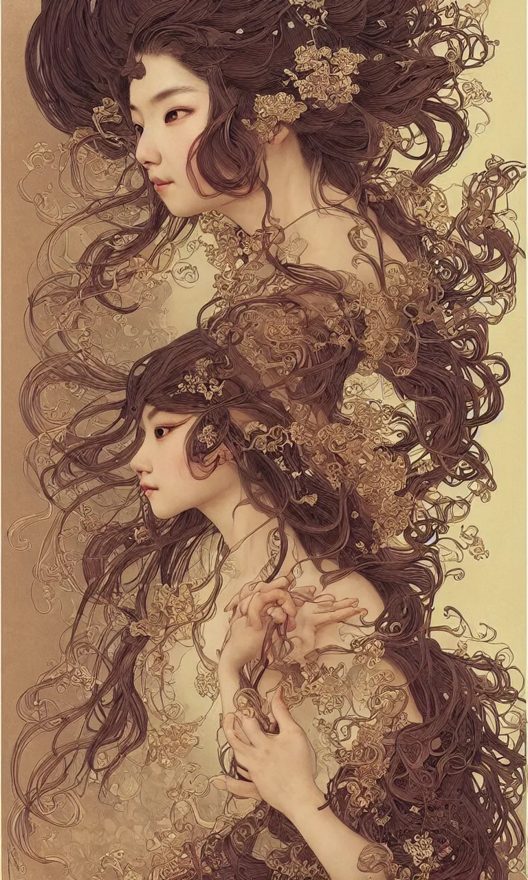 Prompt: a beautiful portrait of an ancient chinese princess, flowing hair, fantasy, regal, intricate, art nouveau, swirly intricate linework background by stanley artgerm lau, greg rutkowski, victo ngai, alphonse mucha, loish, norman rockwell