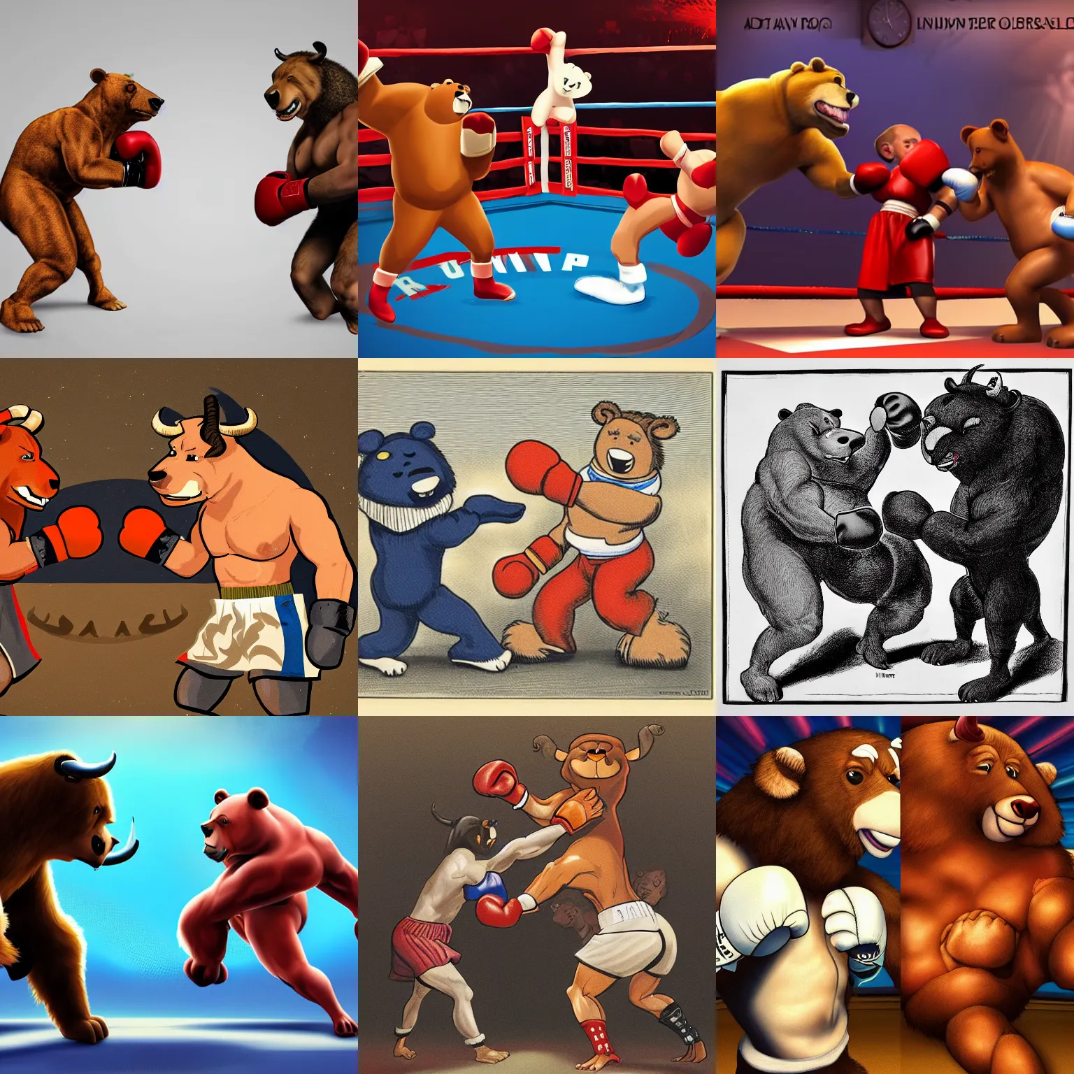 Prompt: a boxing match bewteen two antropomorphic anthropomorphic animals, a anthropomorphic bear animal in the left corner and a anthropomorphic bull animal in the right corner