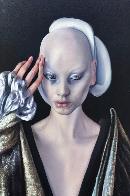 Image similar to hyperrealism oil painting, close - up portrait of albino medieval fashion model, black silk, steel gradient mixed with nebula sky, in style of baroque