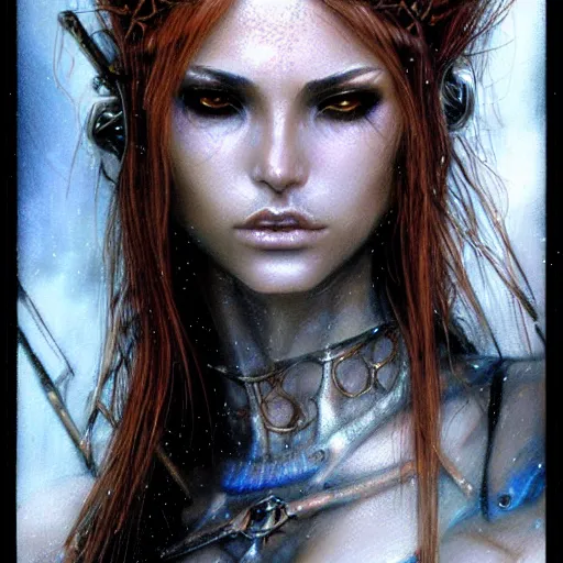 Image similar to an award finning closeup facial portrait by luis royo and john howe of a very beautiful and attractive female bohemian cyberpunk traveller aged 1 9 in excessively fashionable cyberpunk gear