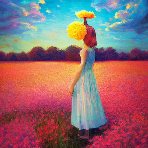 Image similar to girl with a giant carnation head, surreal photography, flower field, sunset dramatic light, impressionist painting, colorful clouds, blue sky, digital painting, artstation, simon stalenhag