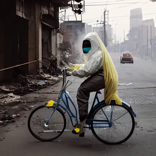 Image similar to a photo of a female wearing a hazmat suit, riding a bike, side-view, smoke in the background, filthy streets, broken cars. Vines growing. Jpeg artifacts. Full-color photo. Color color color color color. Award-winning photo. OM system 12–40mm PRO II 40mm, 1/100 sec, f/2 8, ISO 800
