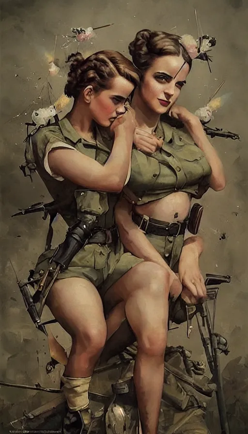 Image similar to “ emma watson and lindsey pelas as world war 2 pinup girls, tattoo, decorated ornaments by carl spitzweg, ismail inceoglu, vdragan bibin, hans thoma, greg rutkowski, alexandros pyromallis, perfect face, fine details, realistic shaded ”