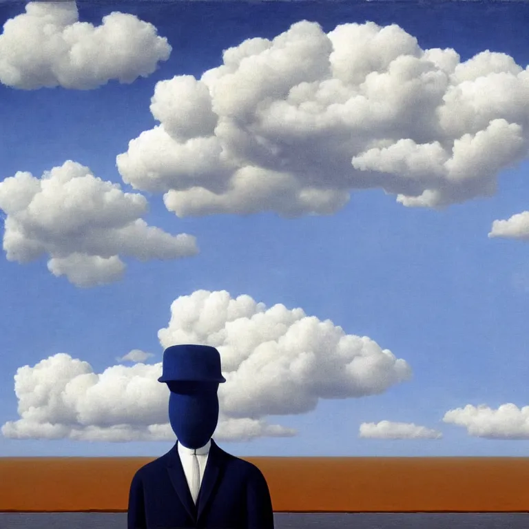 Image similar to cloud - man, by rene magritte, centered, detailed painting, hd, hq, high resolution, high detail, 4 k, 8 k