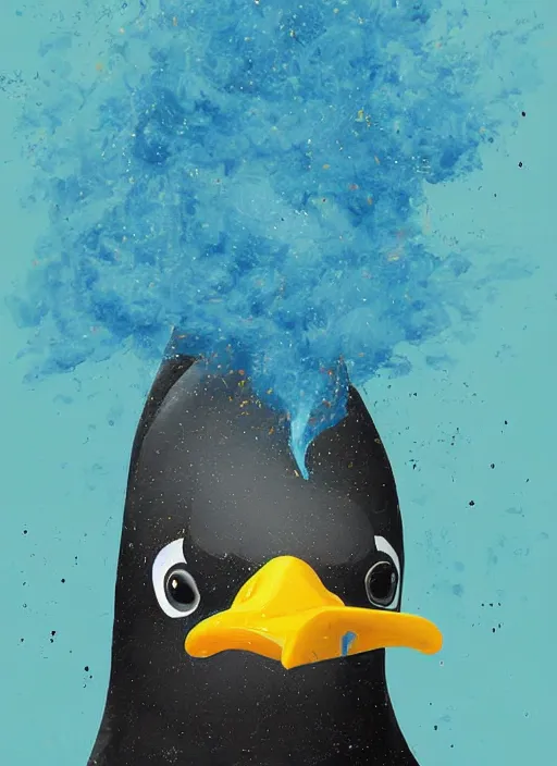 Image similar to a painting of a penguins face with blue and yellow smoke coming out of, a digital painting by petros afshar, behance contest winner, digital art, behance hd, digital illustration, digital painting