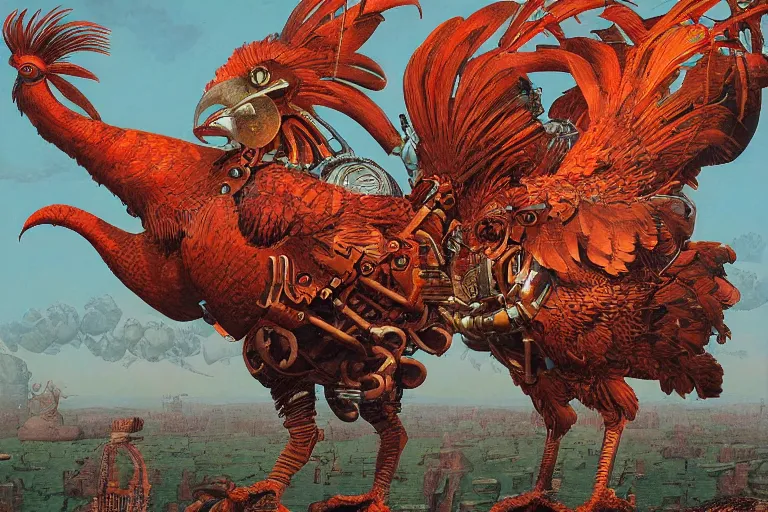 Image similar to digital painting of an ominous mechanical rooster, by wayne barlowe and bob pepper, highly detailed, intricate, dieselpunk, retrofuturism