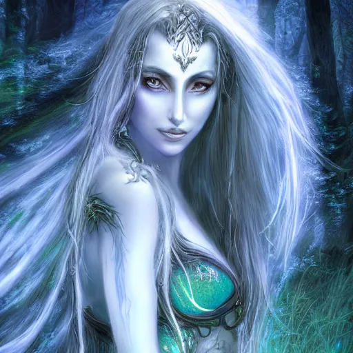 Image similar to masterpiece digital painting portrait of tyrande whisperwind, close view, moonlight, elf forest background, at night, by luis royo, warcraft, artstation, deviantart, unreal engine, 8 k, cinematic lights