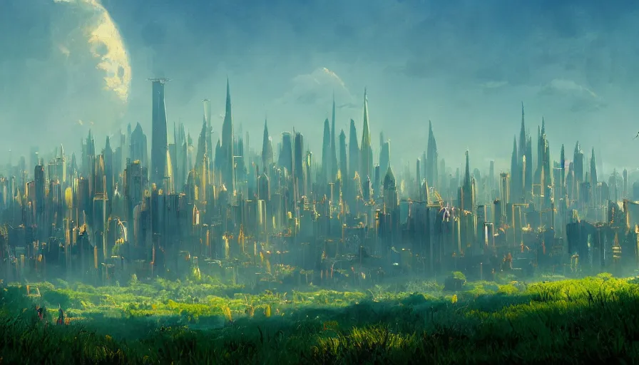 Image similar to a beautiful establishing shot of the emerald city from wizard of oz, by greg rutkowski and kalin popov, trending on artstation, masterpiece,