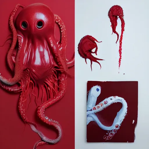 Image similar to a clean studio photography set, there is a bucket of red paint and it has just viciously exploded, there is paint EVERYWHERE, even on the octopus