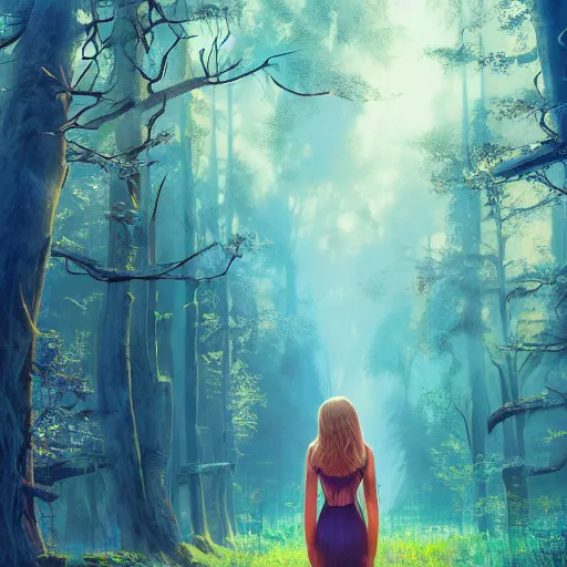 Image similar to taylor swift, long hair with bangs, Crystal blue eyes, full-shot, beautiful colorful forest backround, oil colors, elegant, sharp focus, beautiful face, Hyper-realistic, Highly Detailed, HD, Dramatic Lighting by Brom, by beeple, studio ghibli, wallpaper, highly detailed, trending on artstation