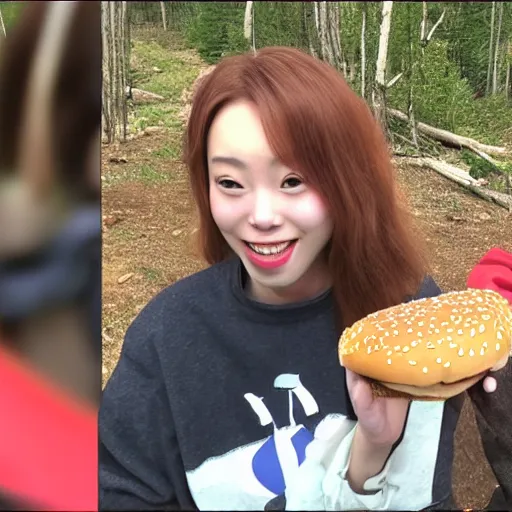 Image similar to Trailcam footage of Chuu from LOONA eating a burger