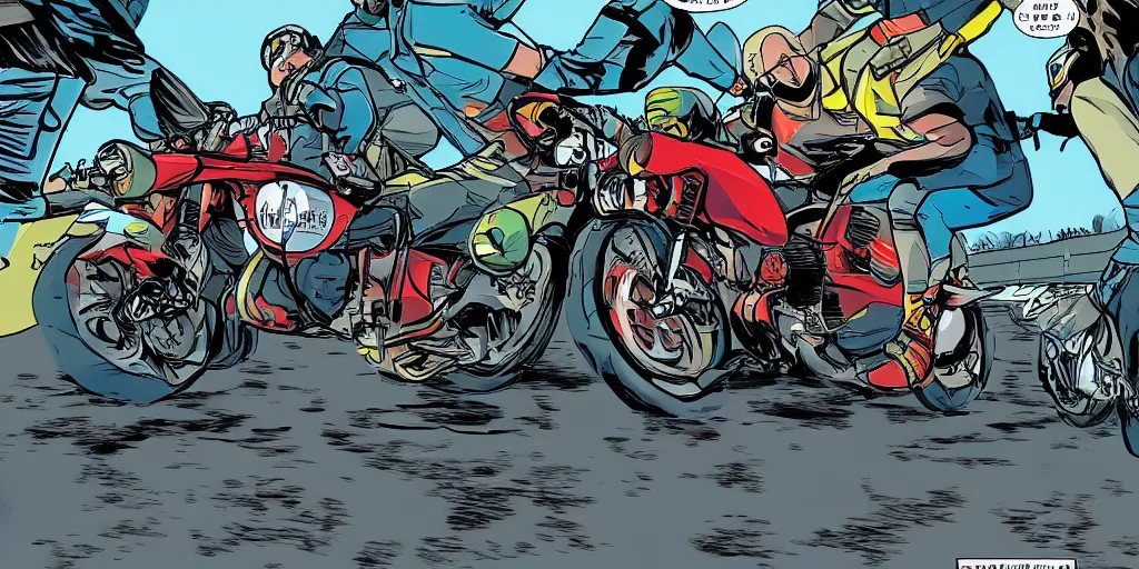 Prompt: motorcycle chase battle highway style of a graphic novel