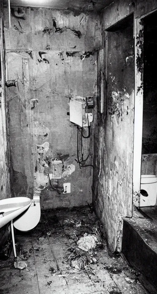 Prompt: bathroom stall in a totally filthy underground techno club in berlin, 1 9 8 6