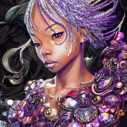 Image similar to the portrait of the absurdly beautiful, graceful, elegant, gorgeous, sensual black young anime goddess made of crystals, an ultrafine hyperdetailed illustration by kim jung gi, irakli nadar, intricate linework, bright colors, octopath traveler, final fantasy, unreal engine 5 highly rendered, global illumination, radiant light, intricate environment