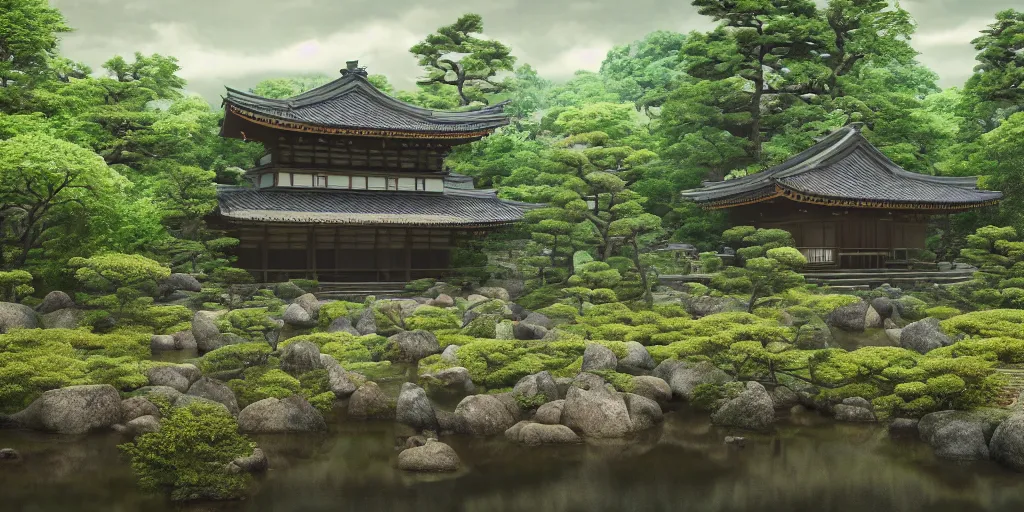 Image similar to a ancient japanese temple in the middle of a forest mear a small river, extremely highly detailed, high quality, 8K HDR, octane render, unreal engine 5, hyperrealistic, concept art, trending on Artstation, fancy lighting, cinematic, high coherence, path tracing, ruins, clouds in the sky, singular building, centered, sakura trees