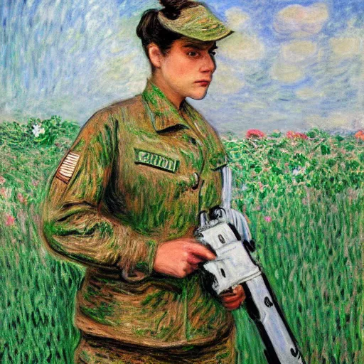 Prompt: a female soldier holding a a staple gun to her own head and looking depressed by monet