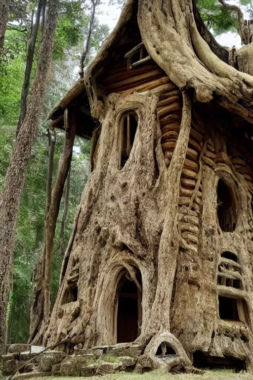 Prompt: a house carved in an ancient tree