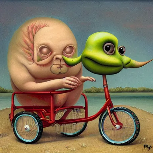 Prompt: a fish on a tricycle, lowbrow painting by mark ryden