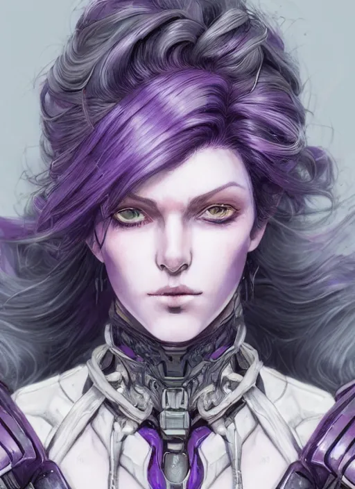 Image similar to close up portrait of a pale woman in amethyst power armor with purple hair, powerful, domineering, stoic, masterful, intense, ultrafine hyperdetailed illustration by kim jung gi, irakli nadar, takuji kawano, intricate linework, sharp focus, octopath traveler, highly rendered, detailed, concept art