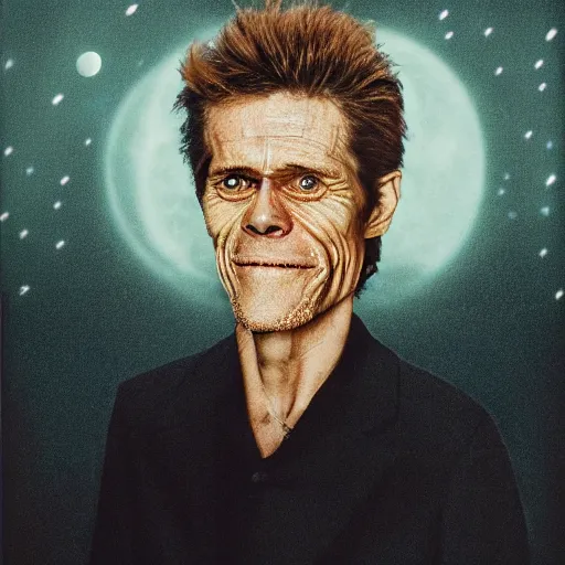 Image similar to willem dafoe face in the night sky, ominous, spooky, cinematic, hyperrealistic