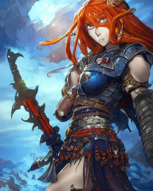 Image similar to An anime portrait of a beautiful D&D half-orc female with long wavy dark blue hair, bright orange eyes, intricate full body armour, fantasy soldier, by Stanley Artgerm Lau, WLOP, Rossdraws, James Jean, Andrei Riabovitchev, Marc Simonetti, and Sakimichan, highly detailed, ultra detailed, golden hour, trending on artstation, cgstudio