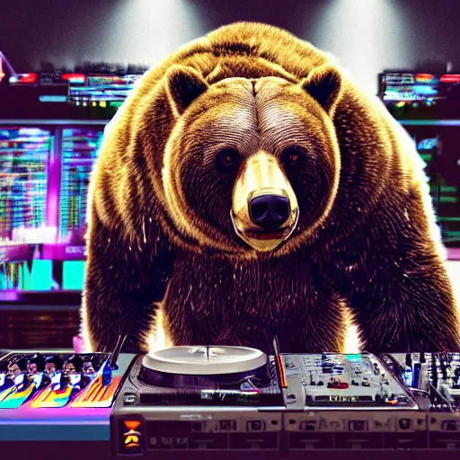 Image similar to a cyborg grizzly bear dj mixing records on stage, photorealistic, highly detailed, illustration, lifelike, highly detailed, intricate, octane render, sharp focus, cyberpunk