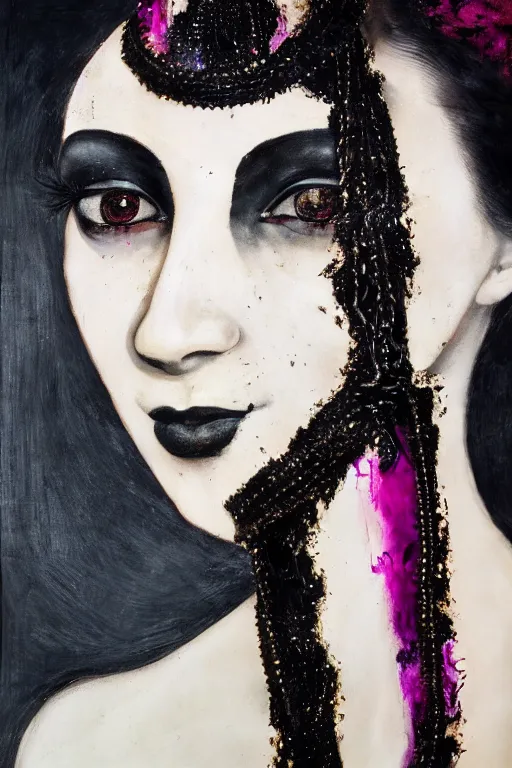 Prompt: hyperrealism close - up mythological portrait of a beautiful medieval woman's fractured face blended with dark obsidian in style of classicism, black massive chains around the neck, pale skin, ivory make up, wearing black silk robe, dark and dull palette acrylic paintdrip and magenta tar, repaired with kintsugi