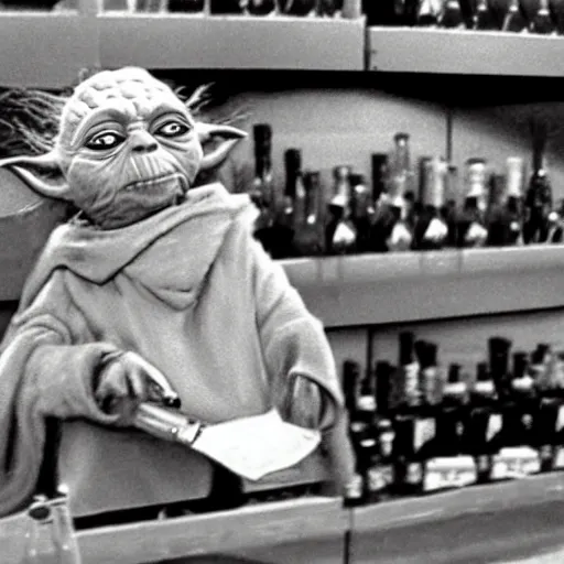 Prompt: cctv footage of yoda robbing a liquor store,