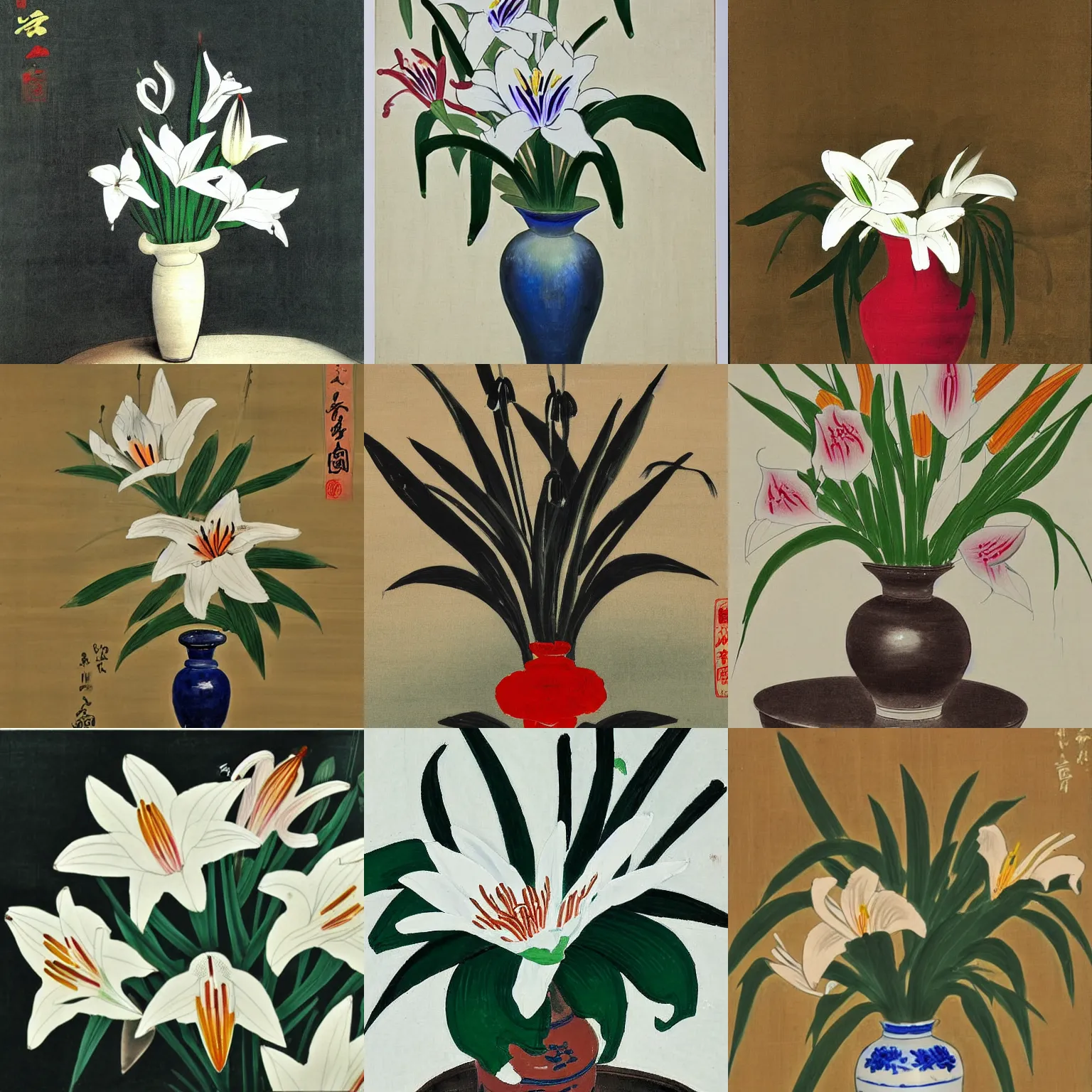 Prompt: A painting of a vase of lilies by painter Qi Baishi