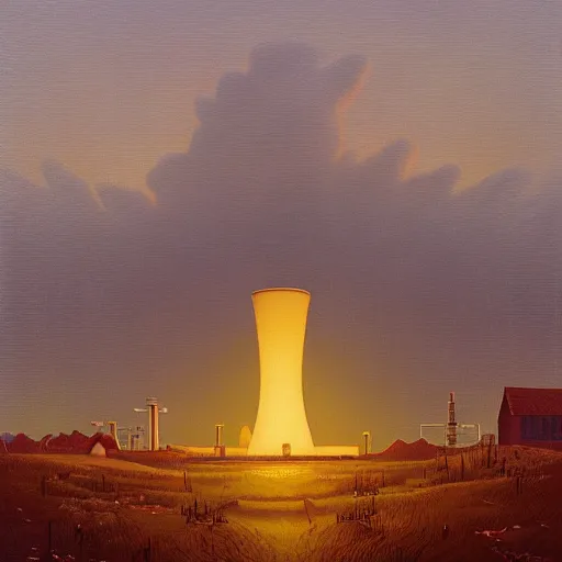 Prompt: A nuclear power plant in utopia by Simon Stålenhag and Grant Wood, oil on canvas