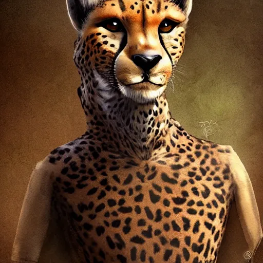 Prompt: Humanoid Cheetah, Animal face, D&D, Tabaxi, Plain Monk-like robe attire, fantasy setting, character concept art, atmospheric