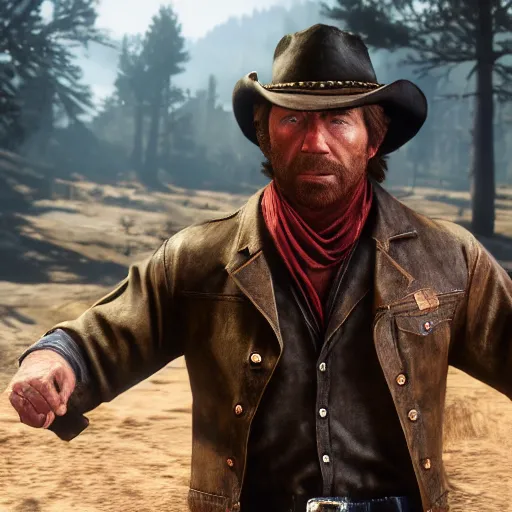 Image similar to chuck norris in red dead redemption 2, 4 k, high detail, high - resolution photograph, professional photography, ultra - detail