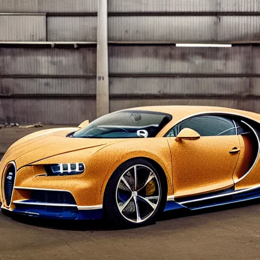 Image similar to an abandoned, derelict, rusty bugatti chiron in a dirty warehouse