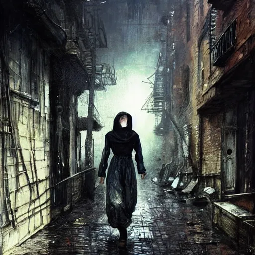 Image similar to sadie sink in oversized hoodie quickly runs by us | a scary robot runs towards us | background : alleyway near decaying tenements. concept art for scifi dystopian film. by nikolay makovsky, bob byerley, wadim kashin, andrea kowch. cinematic moody atmosphere, detailed and intricate, perfect anatomy