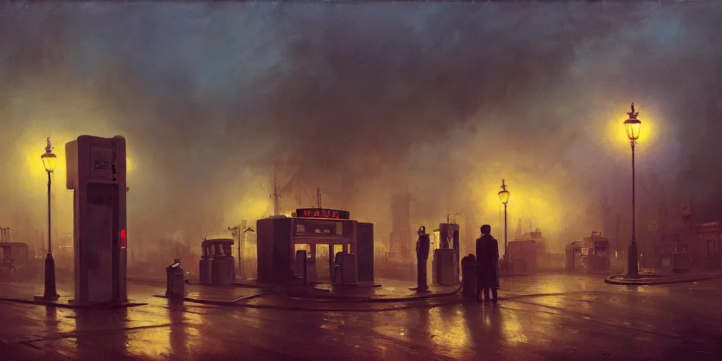 Image similar to a gas station in 1 9 4 0 with yellow and red light in the middle of the night, a men stand up next to the pump, mystical blue fog, oil on canvas, art by andreas achenbach, clemens ascher, tom bagshaw and sabbas apterus,