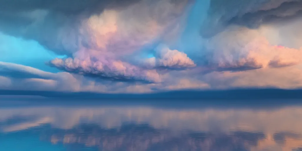 Prompt: matte painting of massive colorful cumulonimbus clouds over a peaceful lake at dawn, 4k, trending on artstation