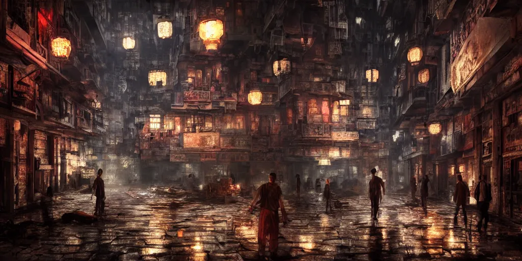 Image similar to inside of kowloon walled city by night, apartments interior, concept art, steetlamps, dark atmospheric style, dark shadows, reflections, epic composition, intricate, elegant, volumetric lighting, digital painting, highly detailed, artstation, sharp focus, illustration, octane render, concept art, ruan jia, steve mccurry